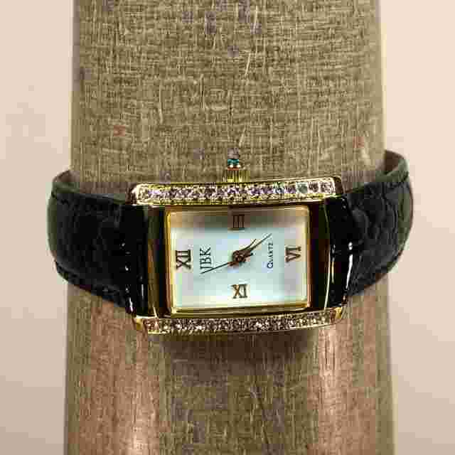 JBK Collection Women Camrose & Kross Black Leather Pave Bezel Quartz Watch 7"
