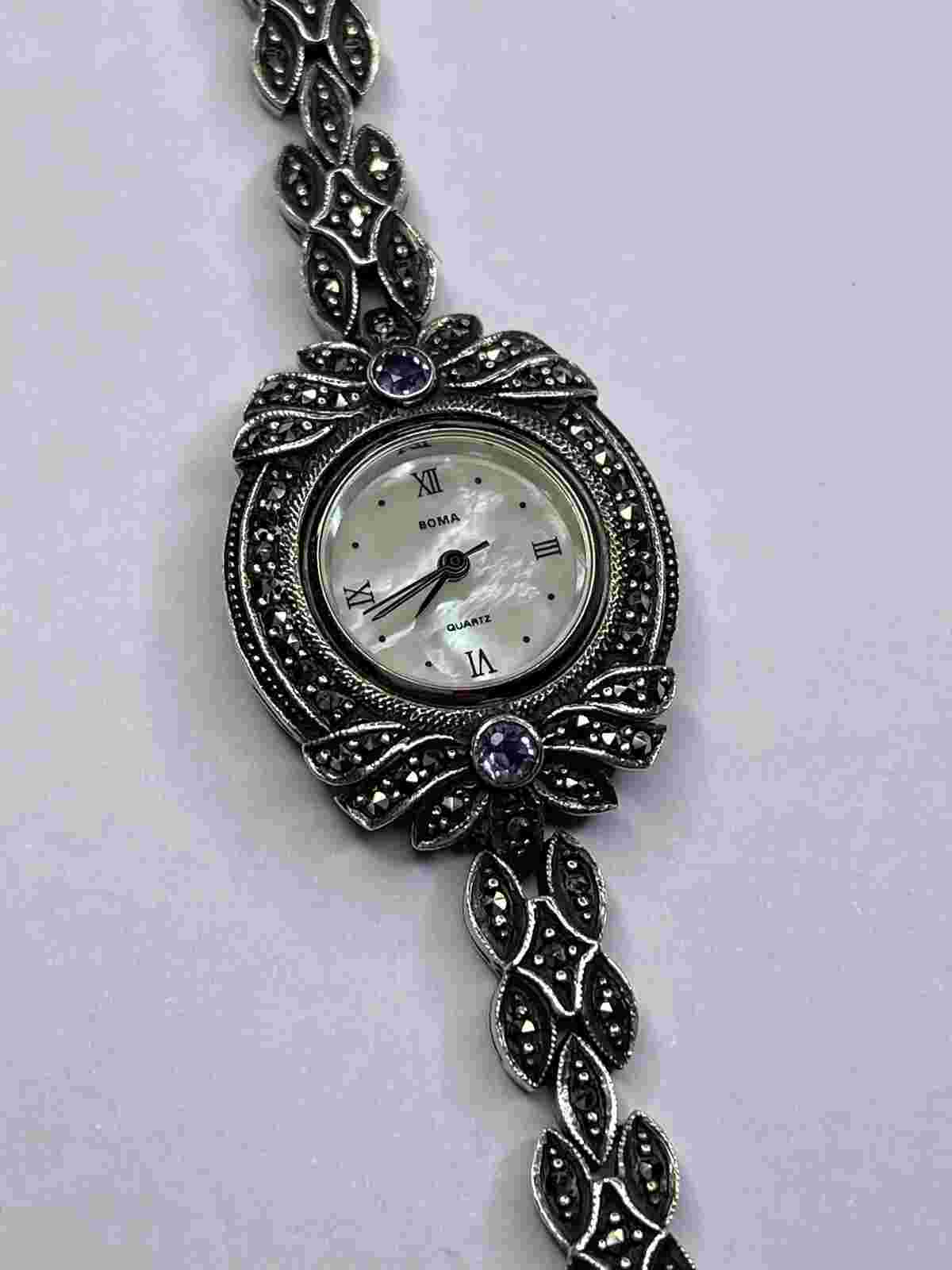 BOMA Sterling Silver Marcasite & Amethyst Ladies Quartz Watch (27.9 grams)