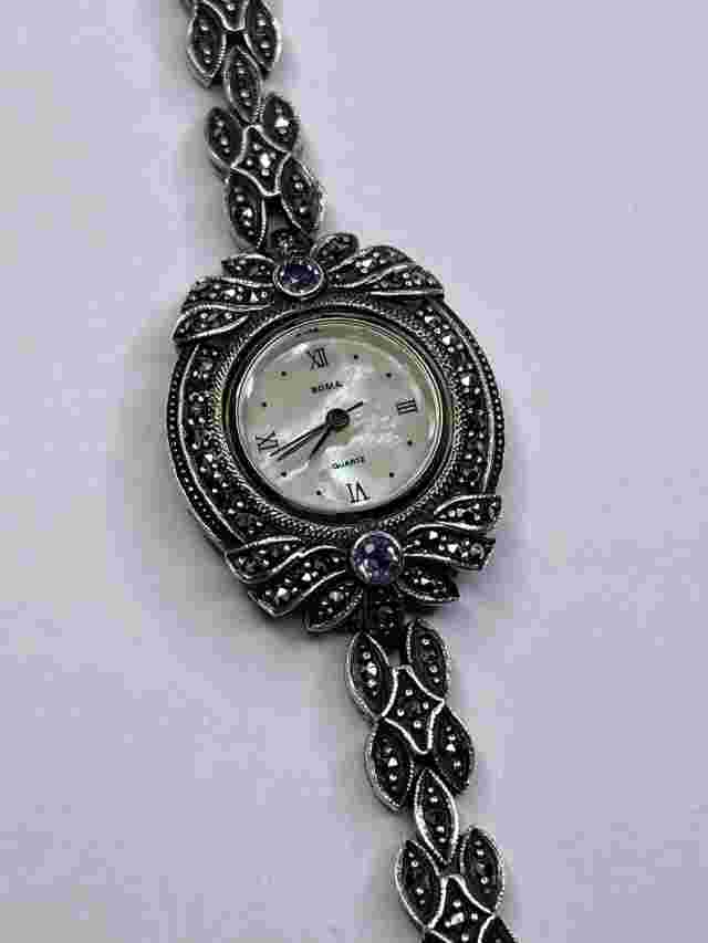 BOMA Sterling Silver Marcasite & Amethyst Ladies Quartz Watch (27.9 grams)
