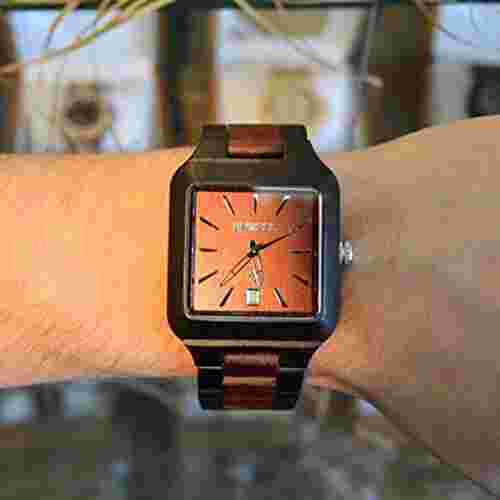 Bewell Mens Wood Watch Square Face Male Quartz  Casual Wristwatch  Date Display