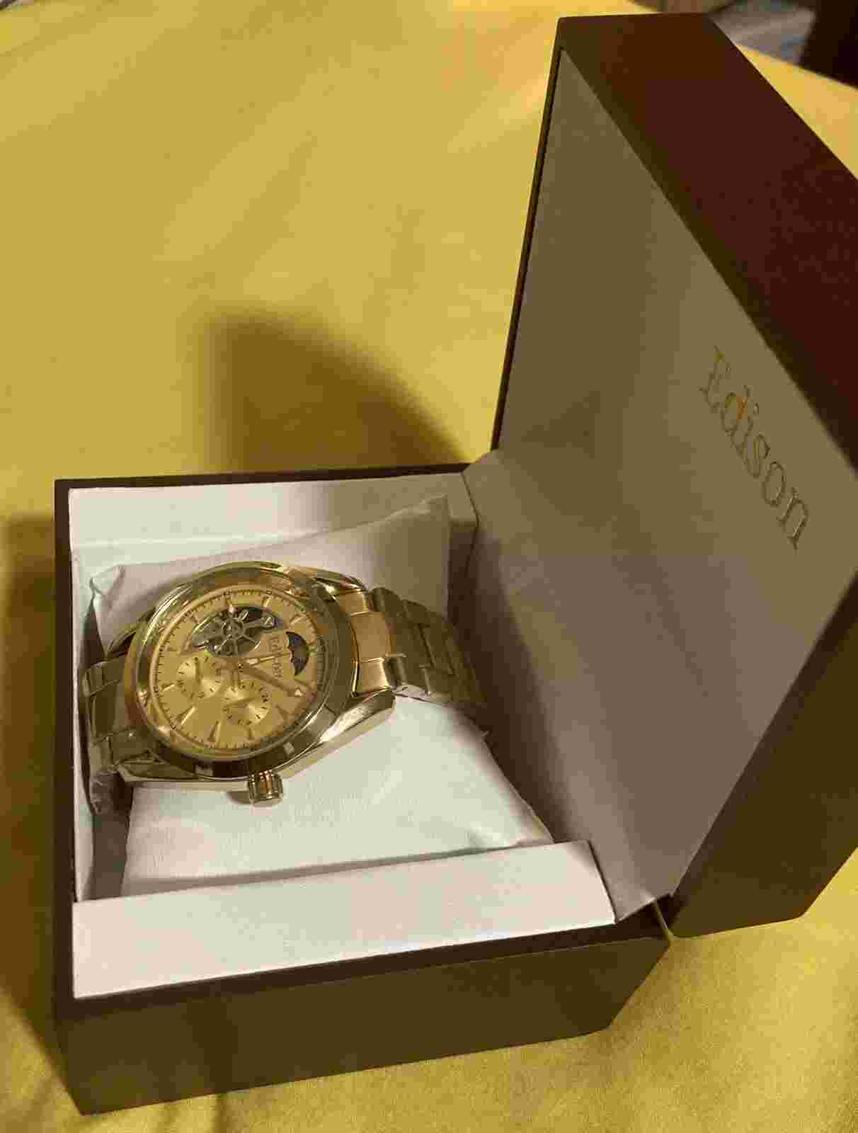 MENS EDISON AUTOMATIC WATCH MOONPHASE GOLD COLOUR STAINLESS STEEL STRAP BOX