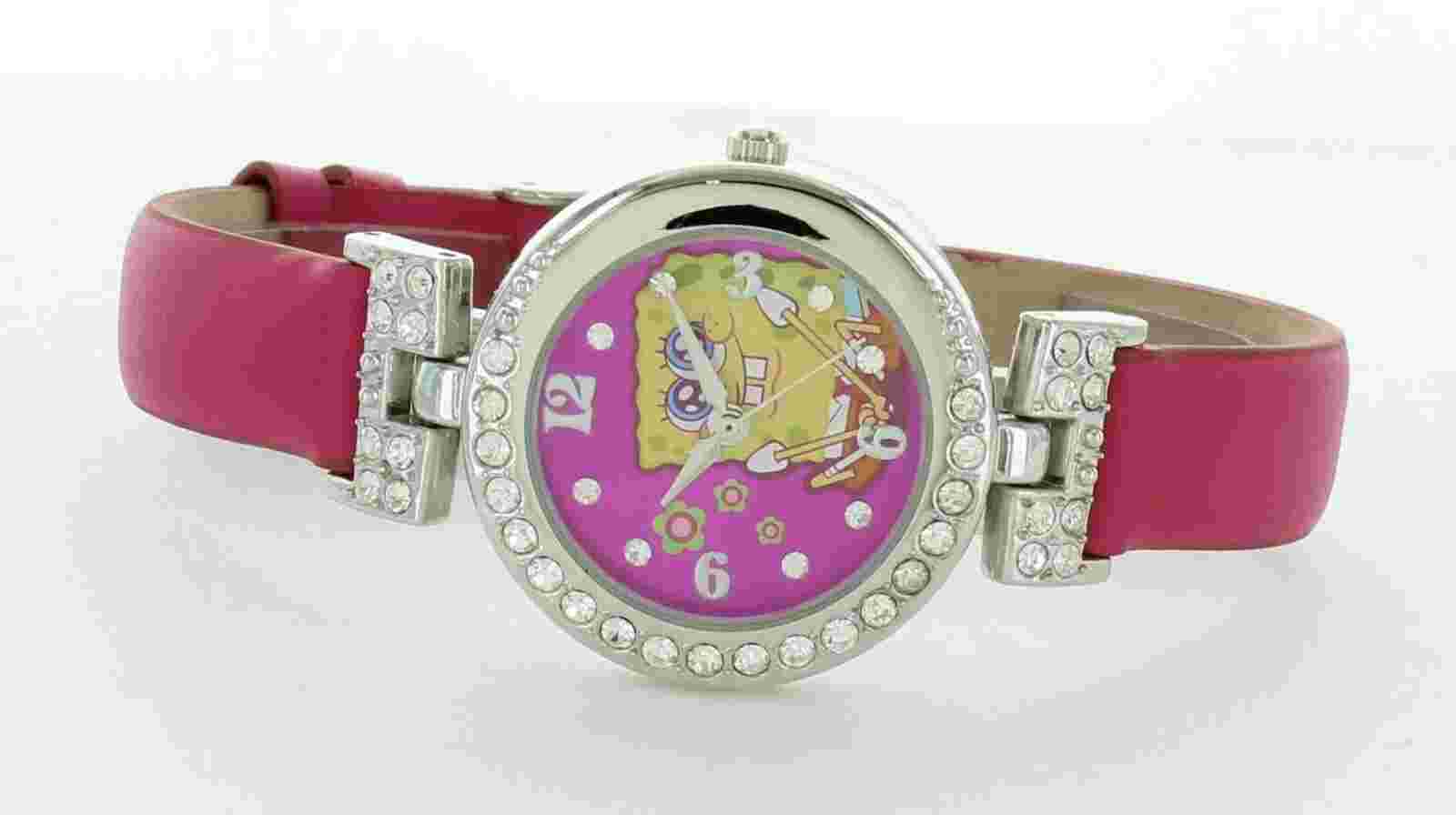 NIB ladies  SpongeBob Watch pink band with half case stone SBP352