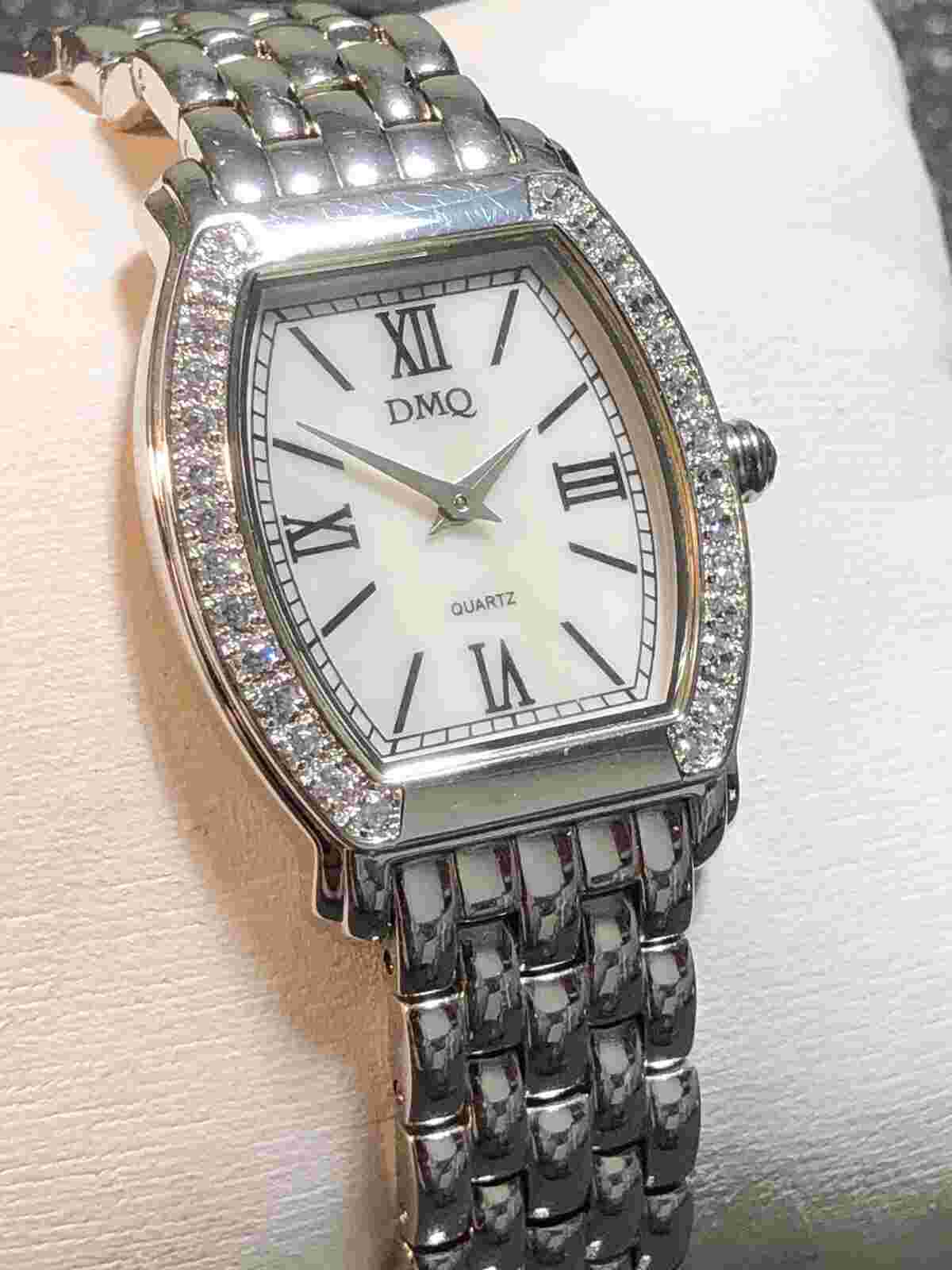 Women’s DMQ Dress Watch Silver Tone Gemmed Bezel Tonneau Shaped New Battery
