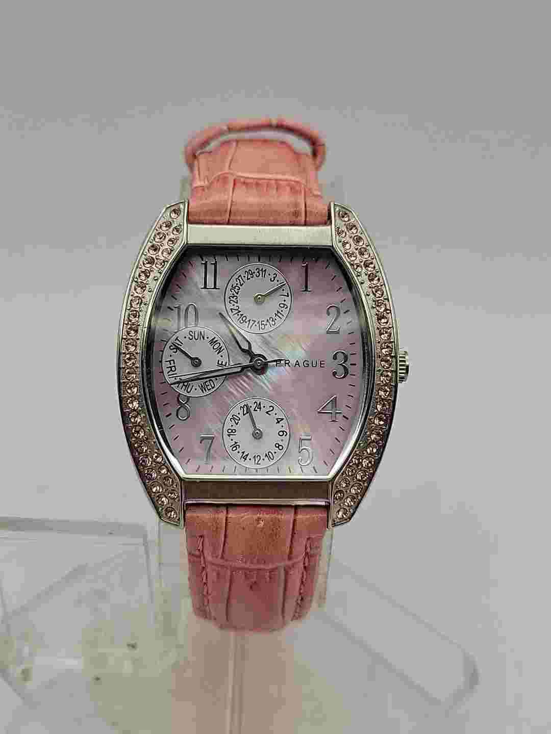 Prague MOP Dial Multi Calendar Women Pink Leather Strap Date Quartz Watch 7 1/4"