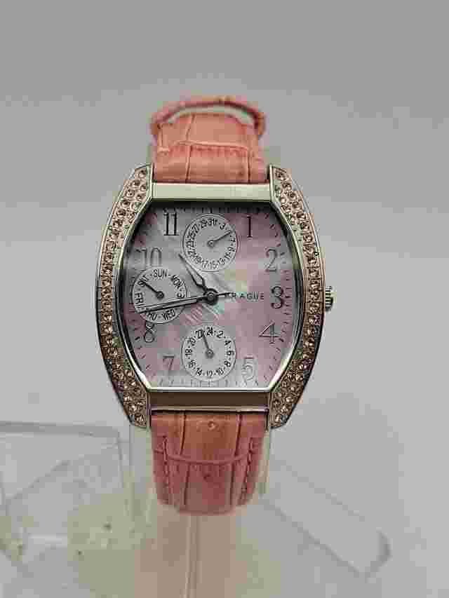 Prague MOP Dial Multi Calendar Women Pink Leather Strap Date Quartz Watch 7 1/4"