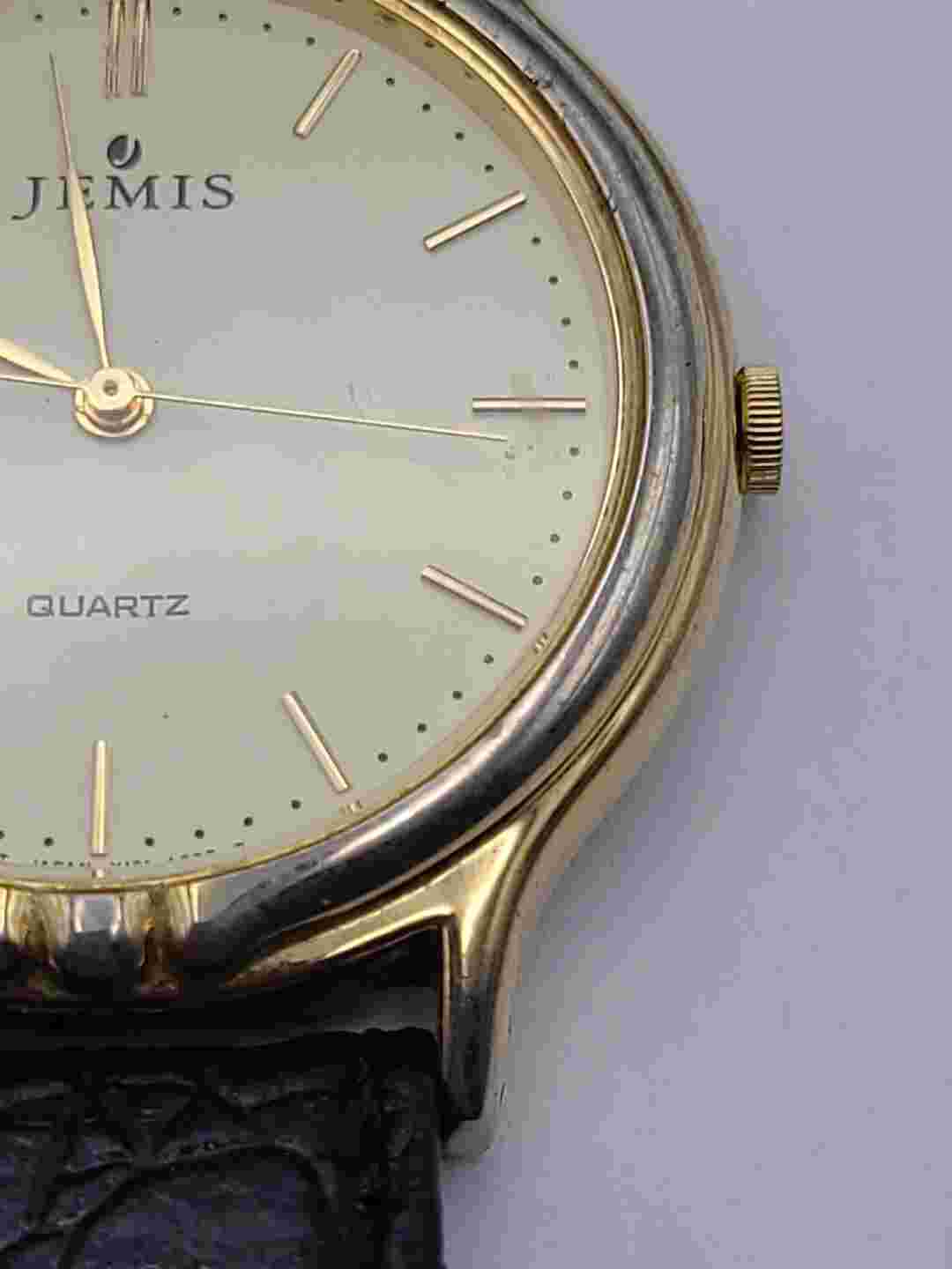 Vintage Jemis Watch Gold Tone Black Leather Band New Battery Working