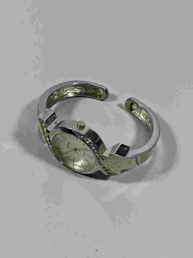 Vivani Silver Tone Dial Crystal Accent Open Cuff Bracelet Band Watch 7 Inch