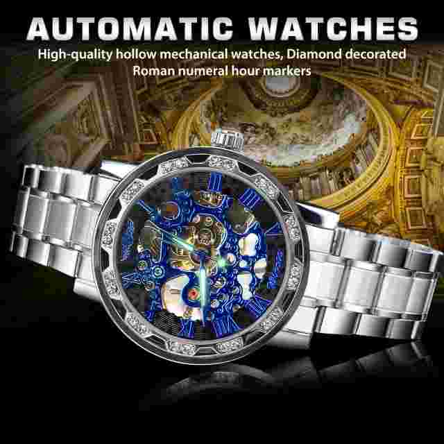Men's Automatic Mechanical Wrist Watch Stainless Steel Blue Dial Skeleton Luxury