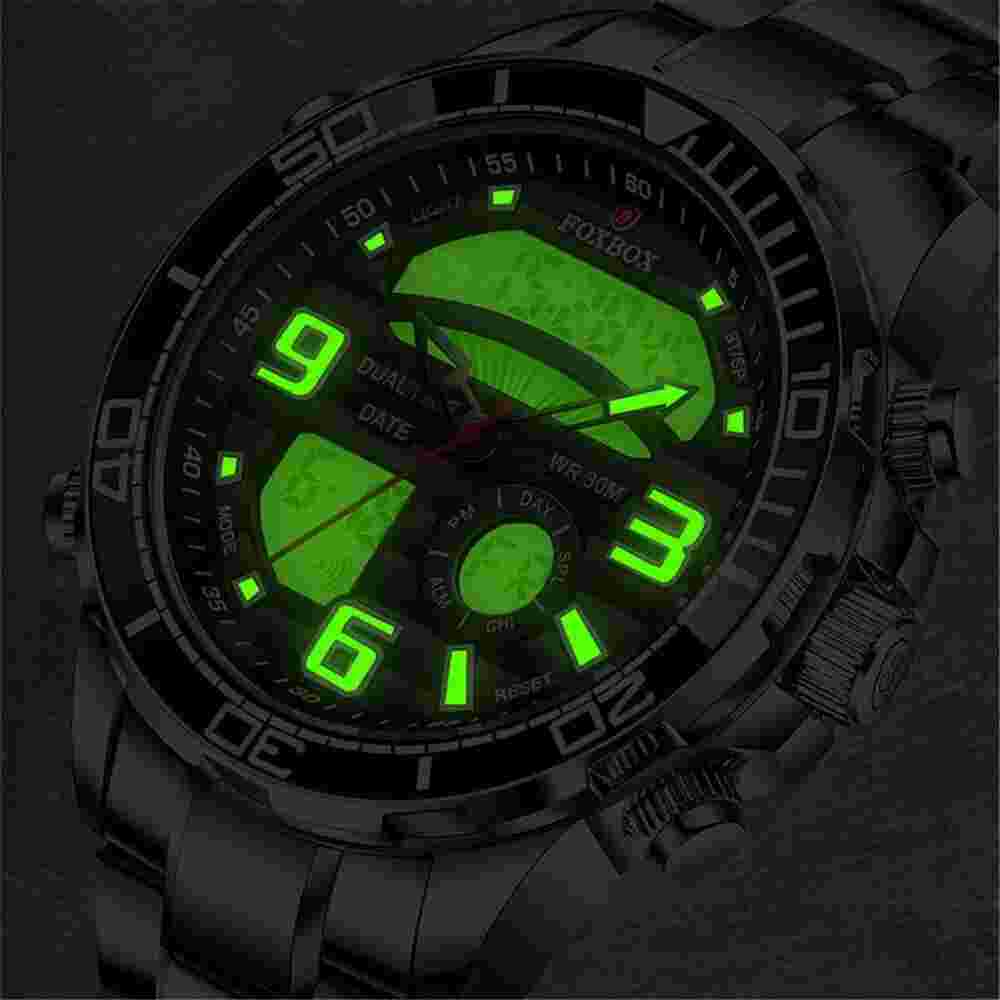 FOXBOX Men Watch Brand Quartz Silver Wristwatch Shockproof Digital Alarm Watch