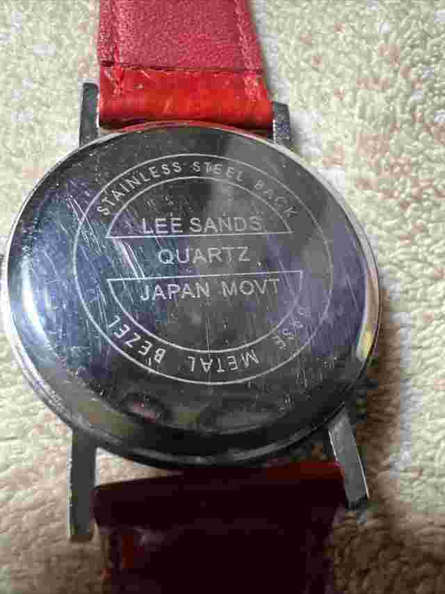Lee Sands Analog Wristwatch Red Buckle Band Silver Tone Round White Face