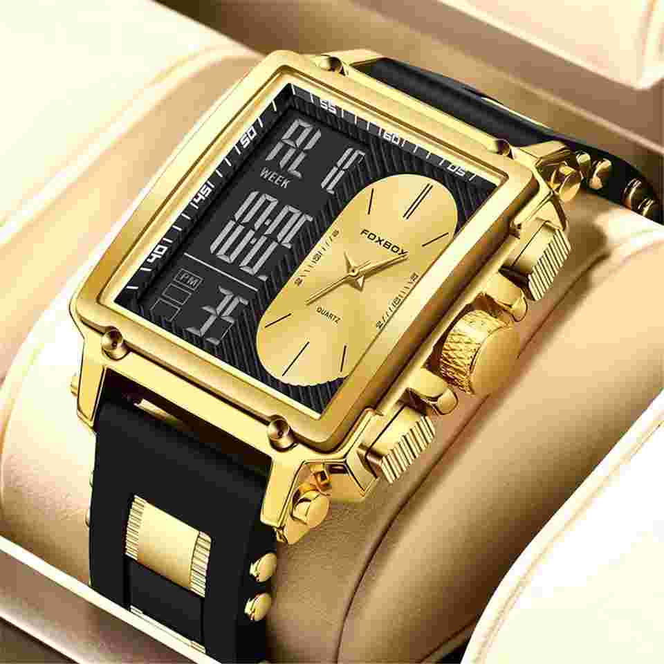 LIGE FOXBOX Men Dual Time Watch Male Rectangle Wristwatch Boys LED Quartz Watch