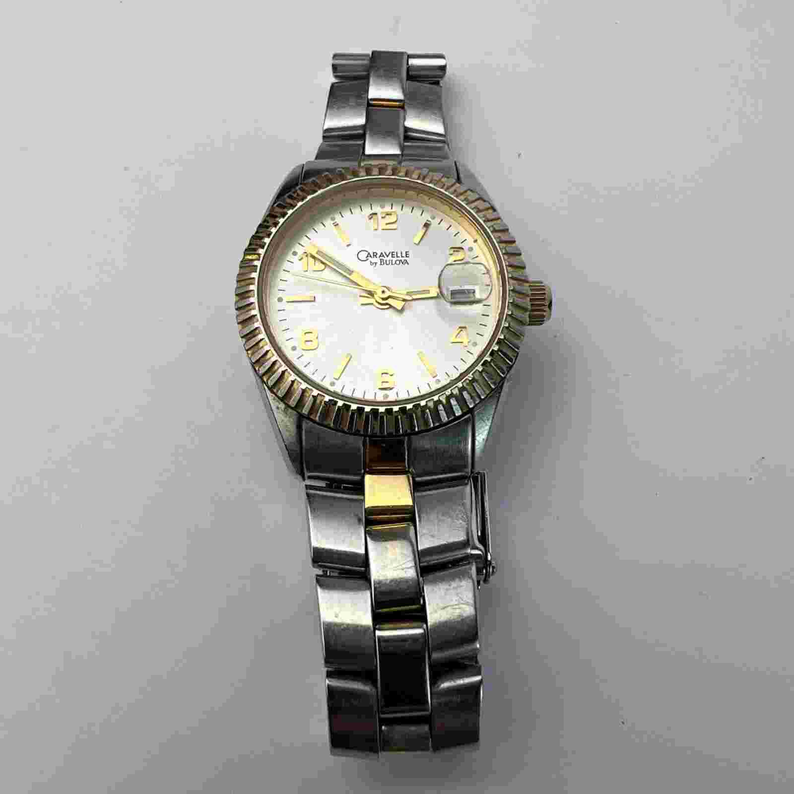 Caravelle by Bulova Watch Women Gold Silver Tone Date 2004 New Battery 6.25"