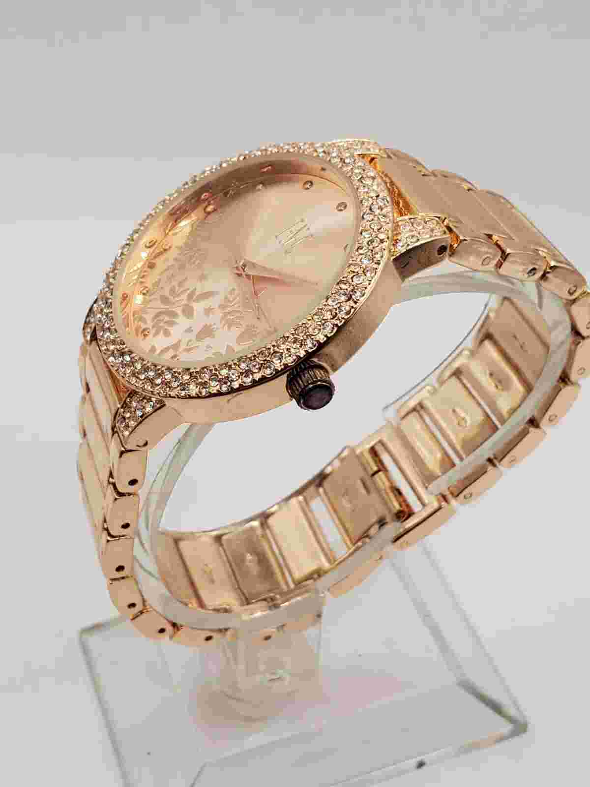 INC Ladies Gemmed Quartz Watch 34mm Round Rose Gold Tone Bracelet Band