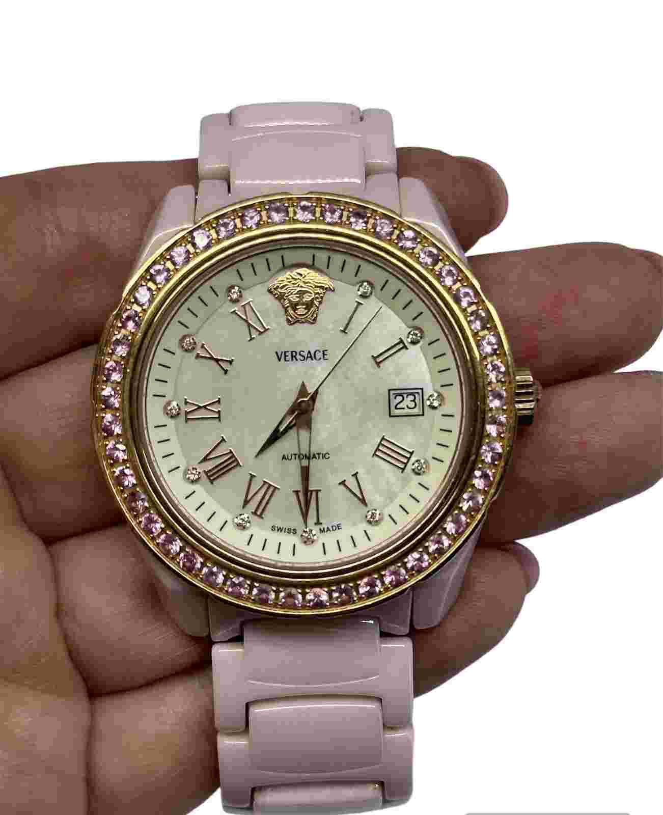 Barbie Pink Versace DV One Automatic Ceramic MOP 🩷 Pink Sapphire Watch A126142!