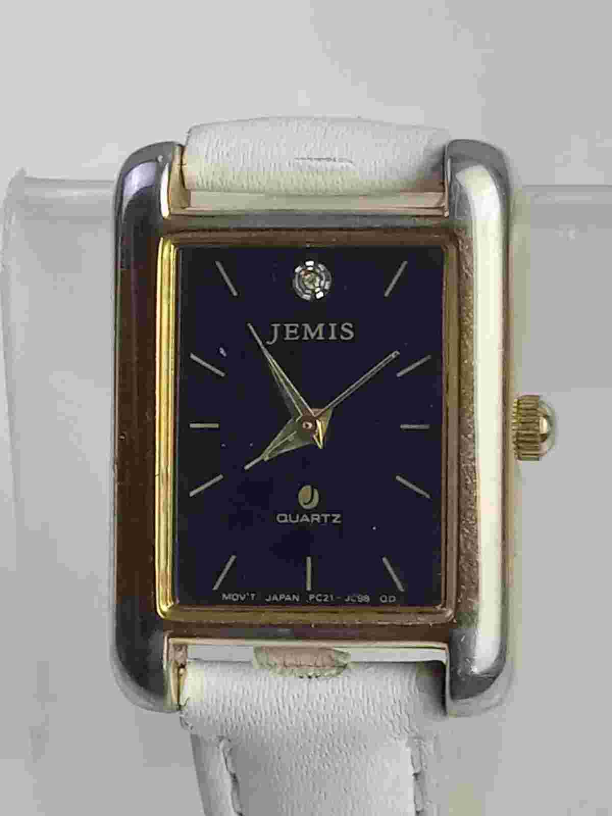 Vintage Jemis Tank Shaped Ladies Diamond Accent Black Dial Gold Tone Watch