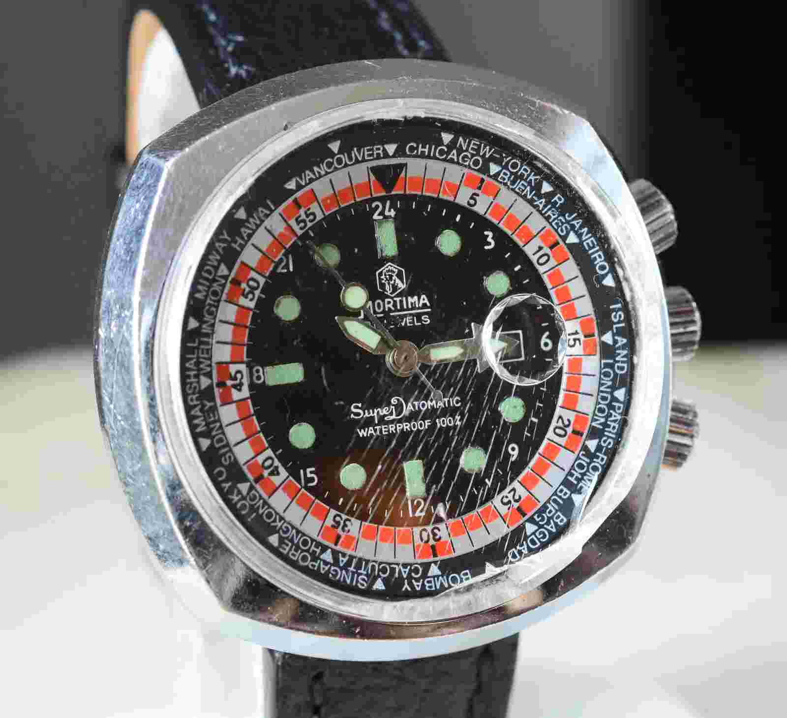 1960s MORTIMA 44mm MEN CHRONOGRAPH World Time GMT WRISTWATCH Manual Wind RUNS