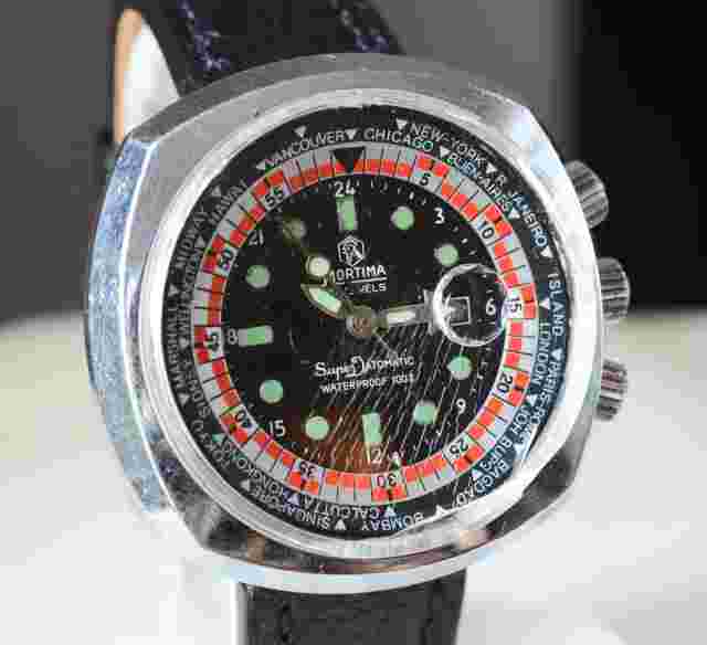 1960s MORTIMA 44mm MEN CHRONOGRAPH World Time GMT WRISTWATCH Manual Wind RUNS