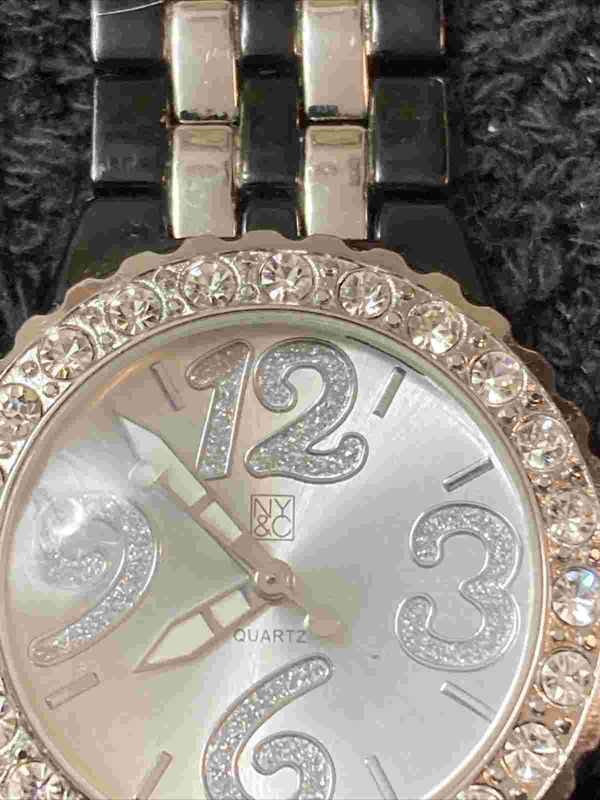 New York & Co Black Silver Tone Quartz Dial Black Watch Rhinestone Refufurbished