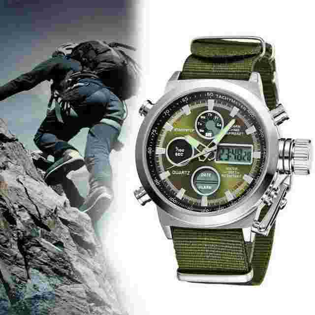 Men Military Army Green Analog Digital Quartz Nylon Canvas Wrist Watch Sports