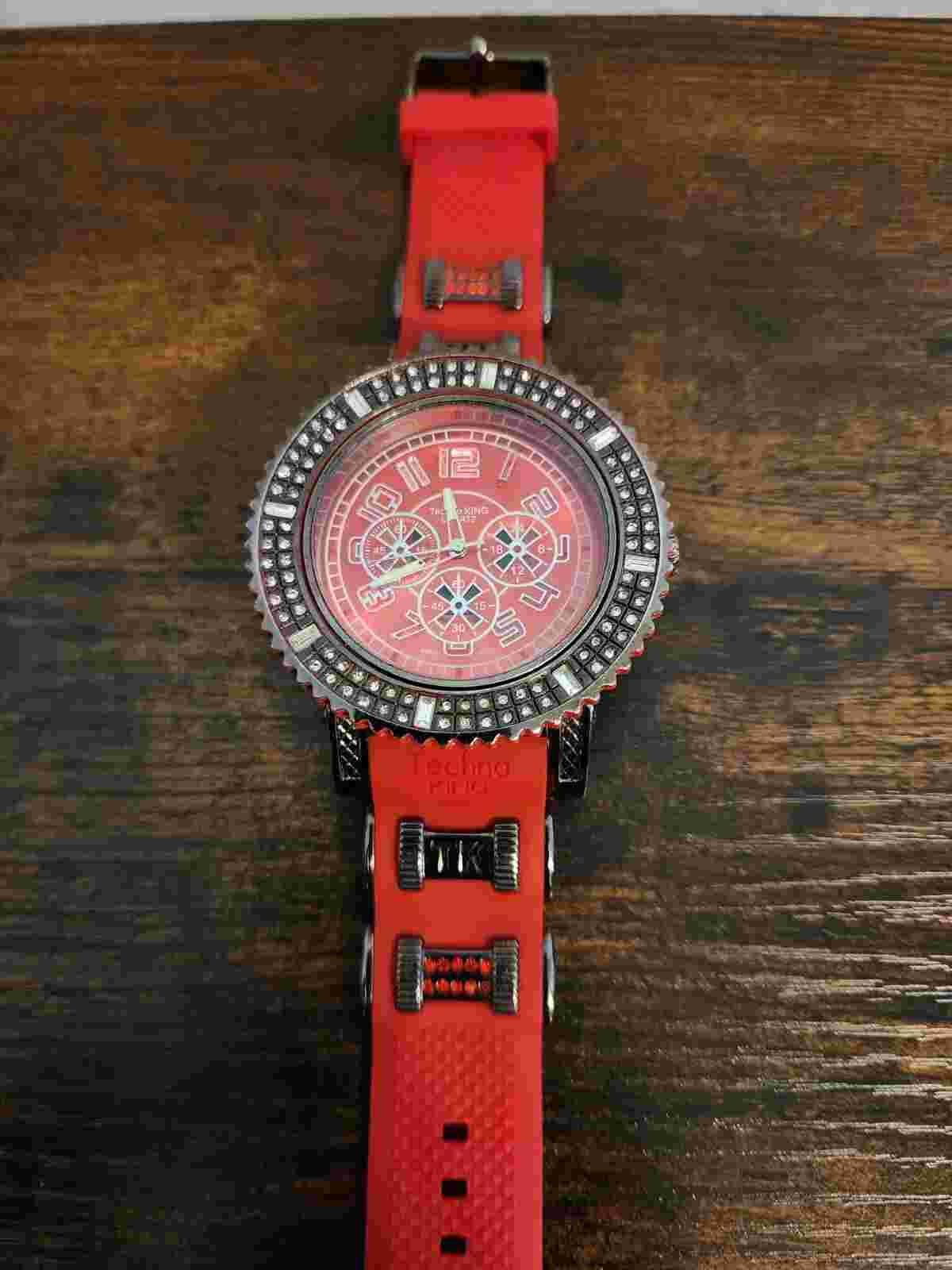 Techno King Quartz Mens Fashion Watch. New Battery. Red Silicone Band.