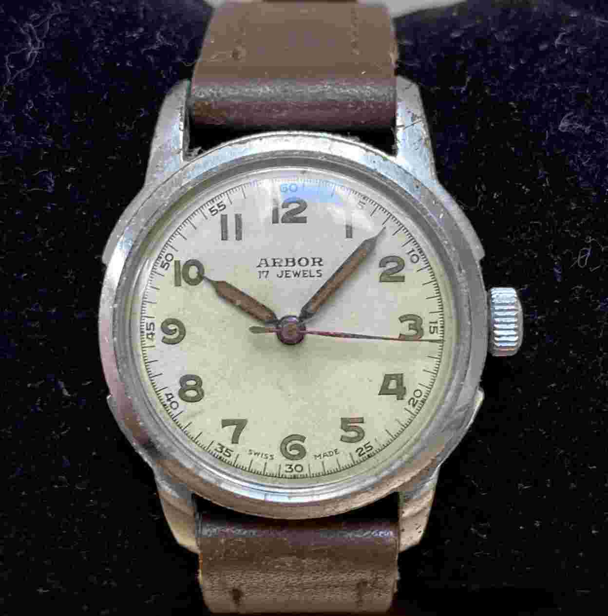 1940 ARBOR WWII ERA 17Jewel Military Watch Stainless Rodana Movement Vintage (M)