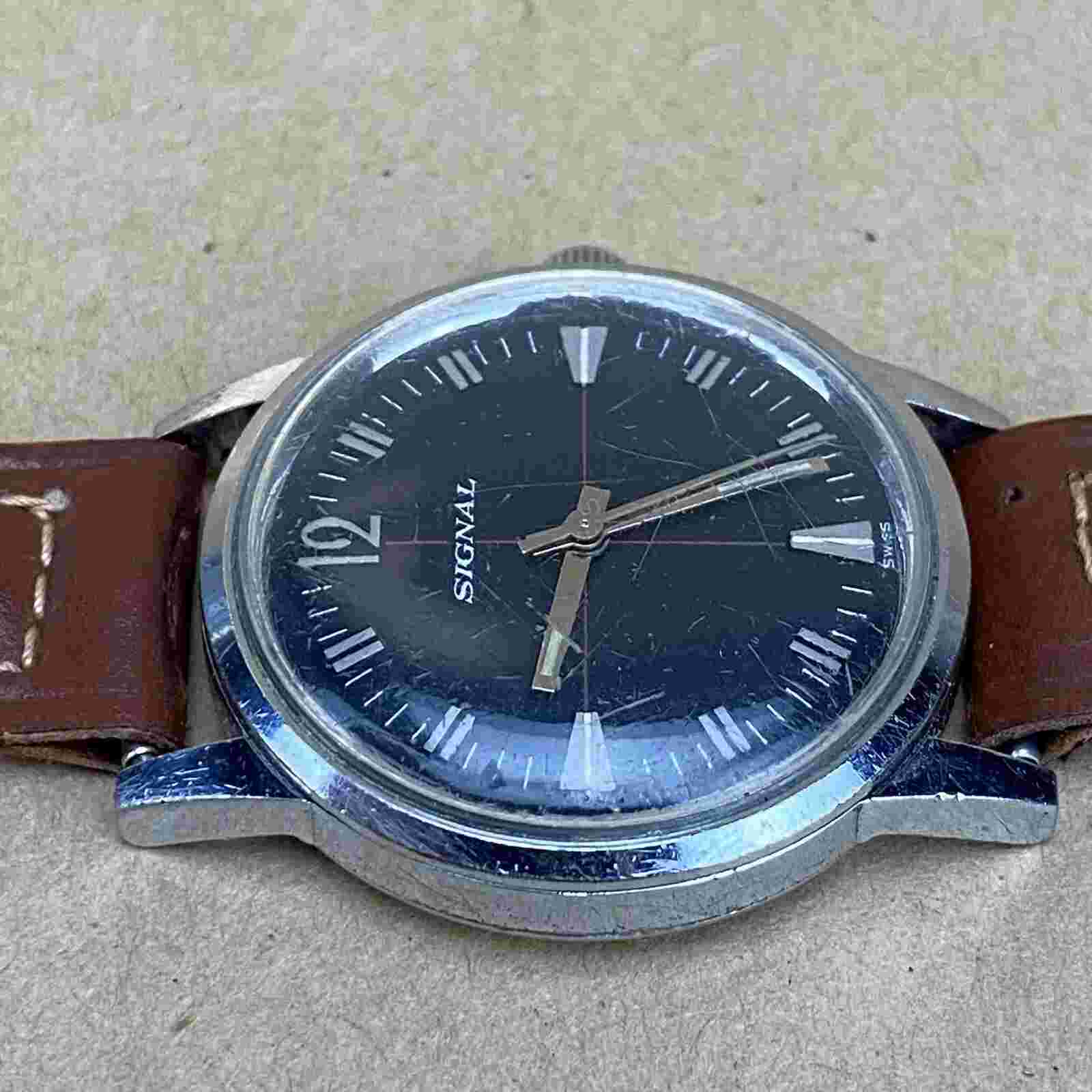 Signal Stainless Steel Black Face Swiss Made Wristwatch