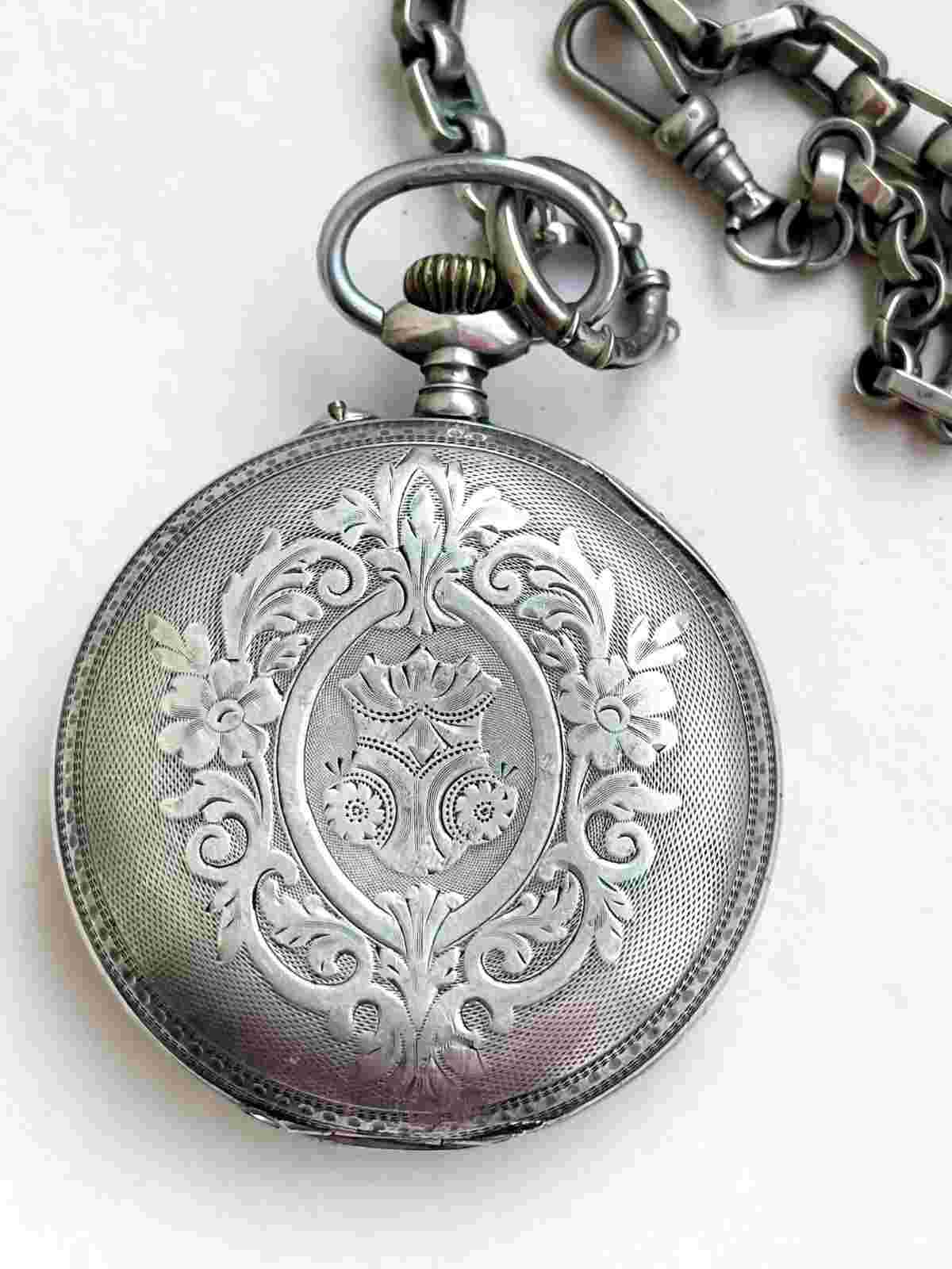 BOREL FULL HUNTER Original ENGRAVED Vintage 1890 SILVER 0.875 Swiss Pocket Watch
