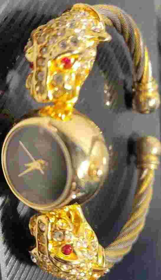 Park Lane~Swarovski Crystal Leopard Heads Silver & Gold Cable Twist Quartz Watch