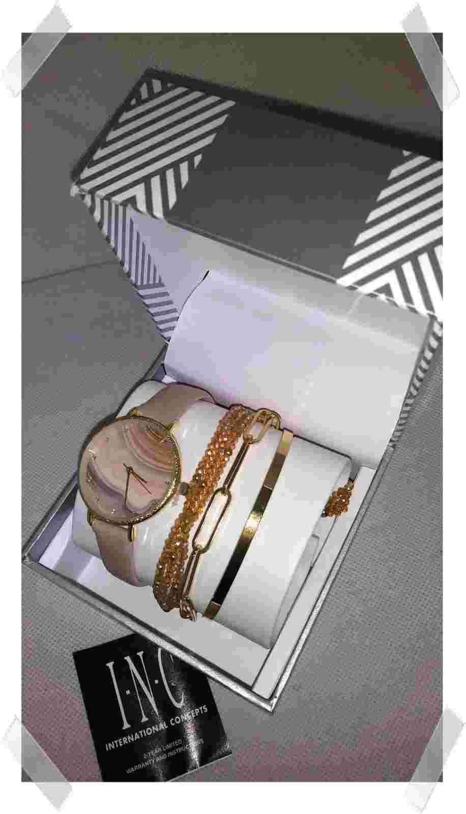 Women's Stainless Steel Watch & Natural Strap BRACELET SET in Gold tone, by INC