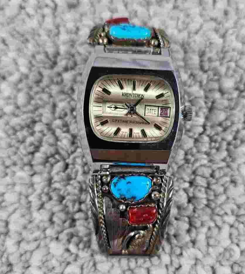 Vintage Kronotron Men's Square Watch I. Billy Native American Sterling Band Tips