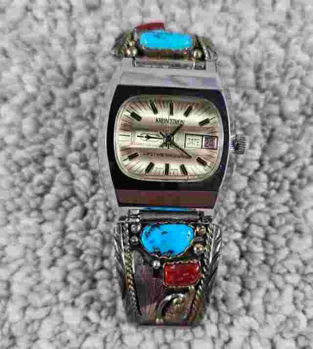 Vintage Kronotron Men's Square Watch I. Billy Native American Sterling Band Tips