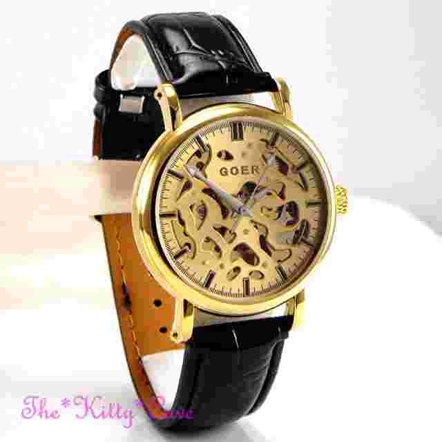 Automatic Mechanical Gold Plated Cutwork Skeleton Steampunk Black Leather Watch