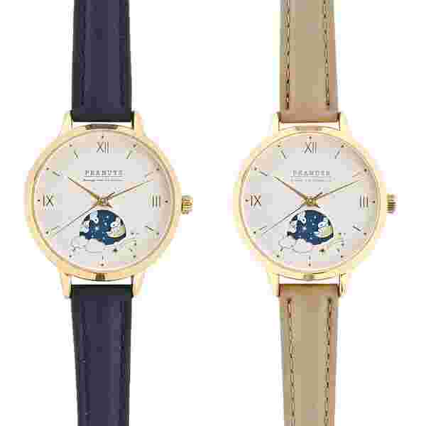 PEANUTS Snoopy Sun and Moon Watch Leather Band Navy/Gray Snoopy Town Japan New