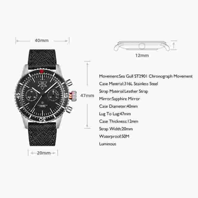 MERKUR Men Chronograph Watch 38MM Sport Manual Wind Mechanical Wristwatch Black