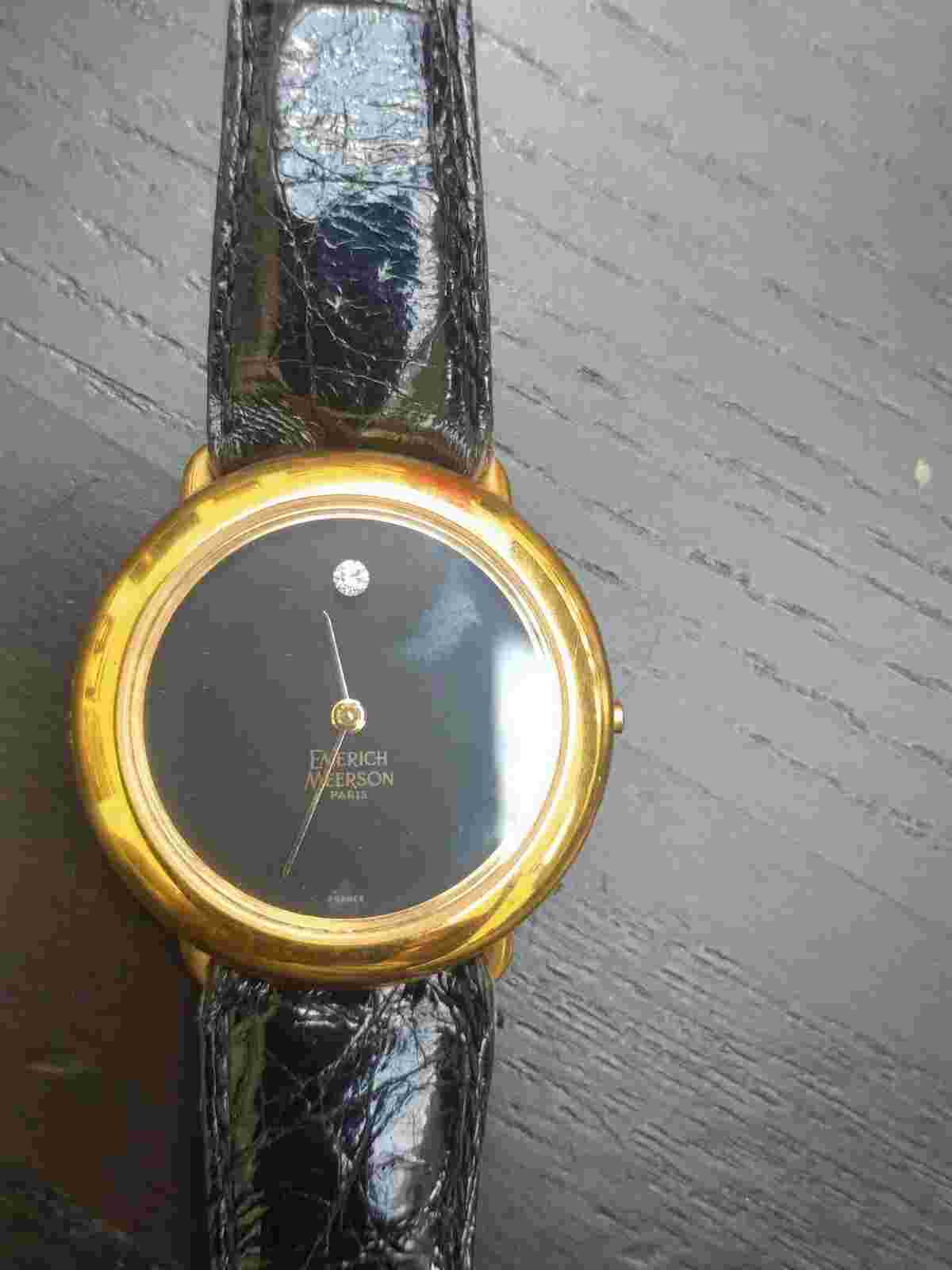 Emerich Meerson Mens watch, Black Leather Strap Black Face Gold Bezel & Diamond