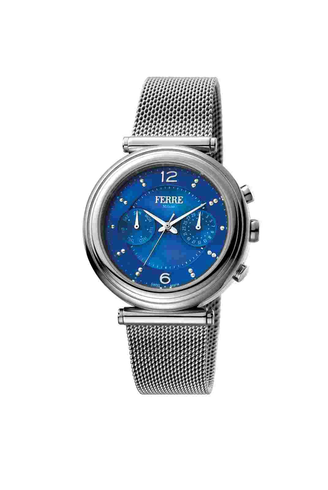 Ferre MILANO Women's FM1L081M0051 Blue Leather Day Date Wristwatch