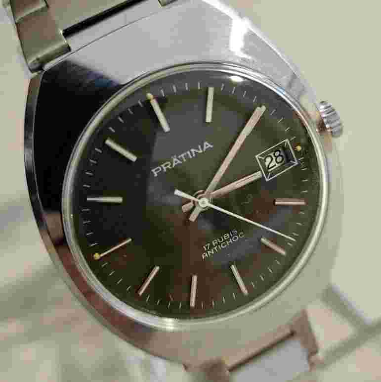 Vintage Watch Man Woman Prätina Cal. FE-140 Date 17J 'Black' Steel 70's Men's