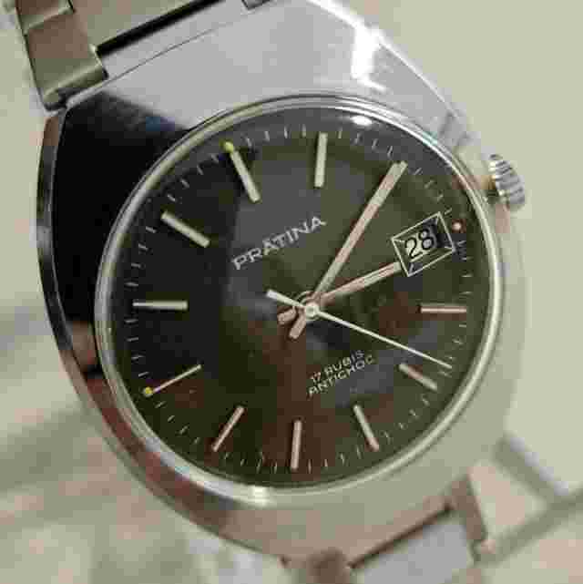 Vintage Watch Man Woman Prätina Cal. FE-140 Date 17J 'Black' Steel 70's Men's