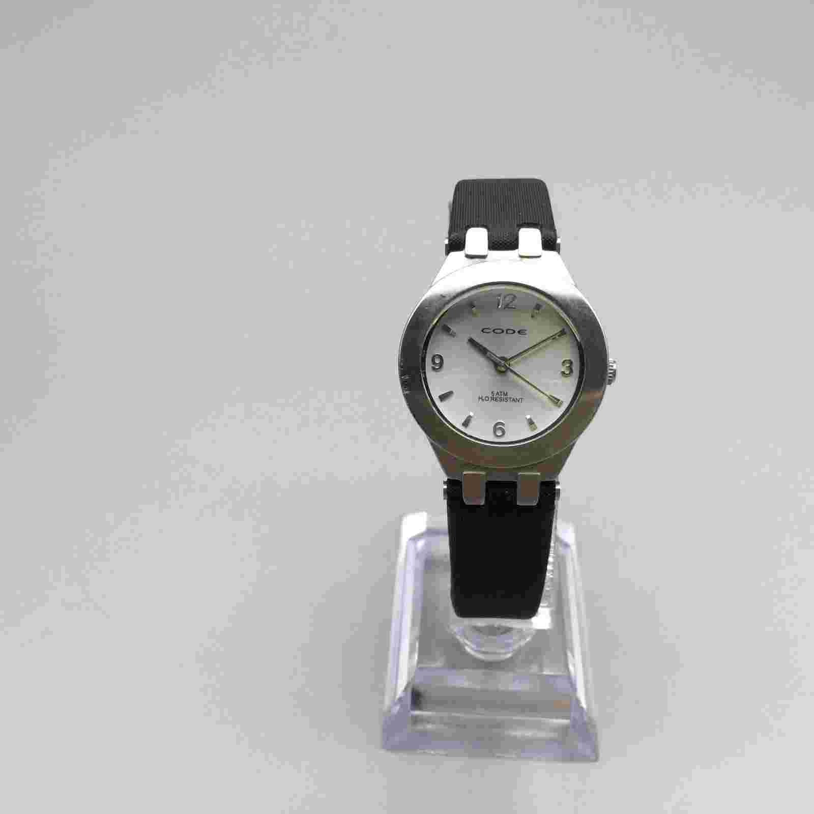 Code Watch Women 27mm Silver Tone Black Leather Band New Battery