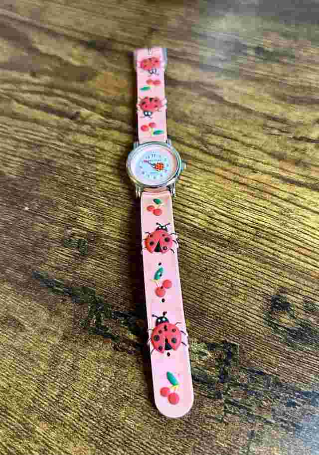 Solo Time Watch Pink Buckle Band Round White Face Silver Tone Ladybug MB2 5