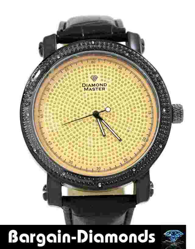 Mens 50 mm Black Natural Diamond Gold Bling Dial Clubbing Watch Leather 7.5"-9"