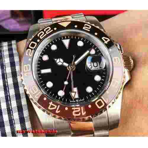 40mm bliger black dial GMT rose golden case sapphire glass automatic mens watch