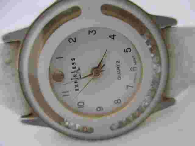 Express LA Analog Wristwatch White Buckle Band Gold Tone Rhinestones