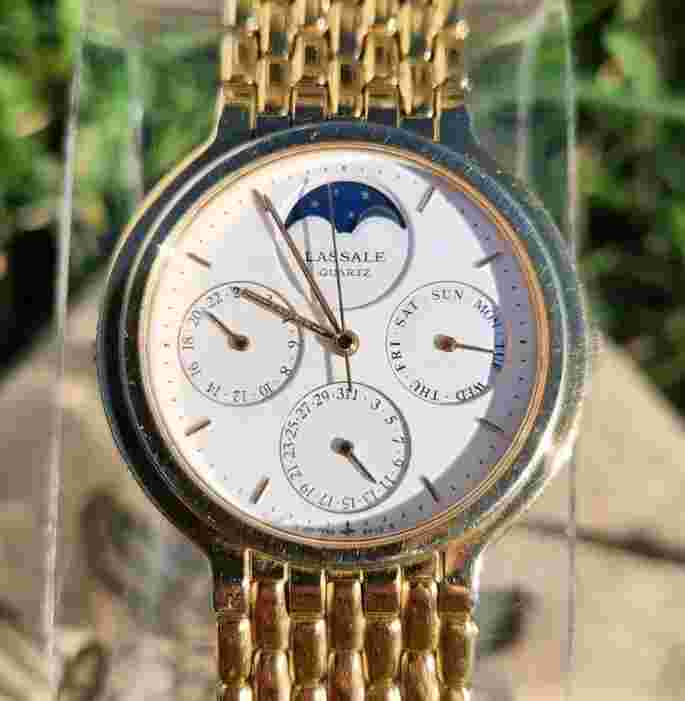 Vtg Seiko LASSALE 7F69-6029 Triple Date RARE Moon Phase 33mm Men's Watch NICE!