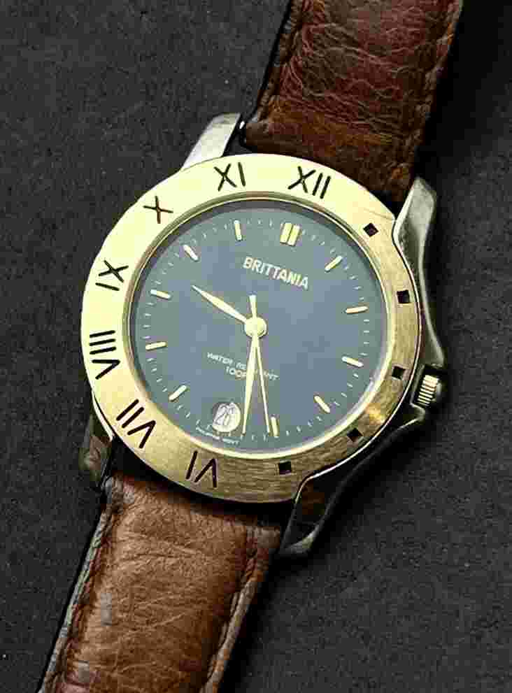 Vintage Brittania Airplane Roman Numerals Watch Brown Leather Strap Gold Tone