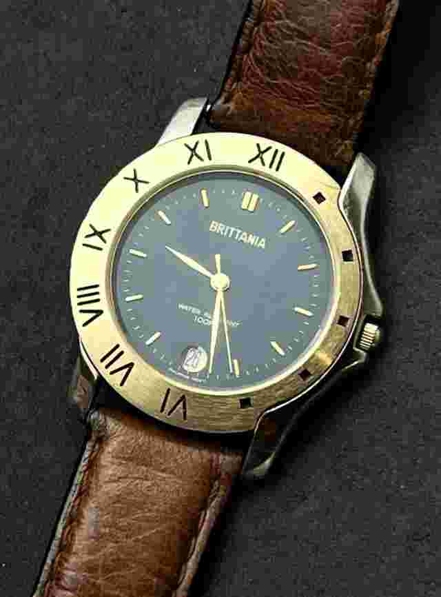 Vintage Brittania Airplane Roman Numerals Watch Brown Leather Strap Gold Tone