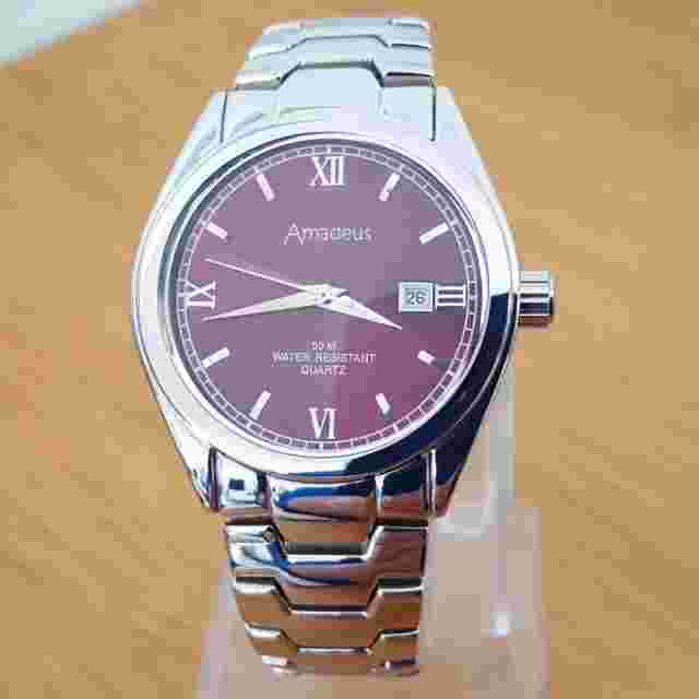 Mens Polished Steel Bracelet Classic Amadeus AM00606 Red Wine Analog Date Watch