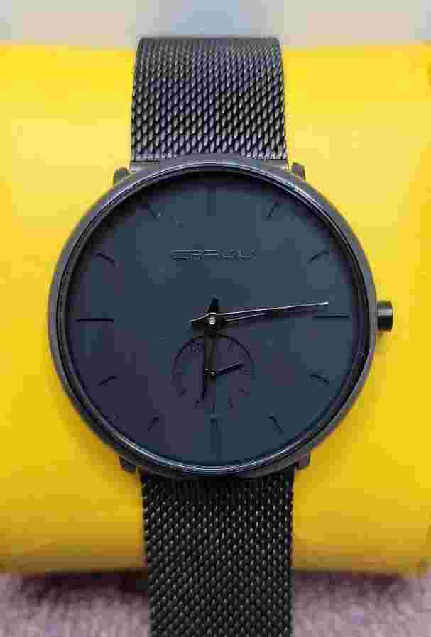 Mens CRRJU Thin Minimalist Wrist Watch, Stainless Steel Black Band 2150.