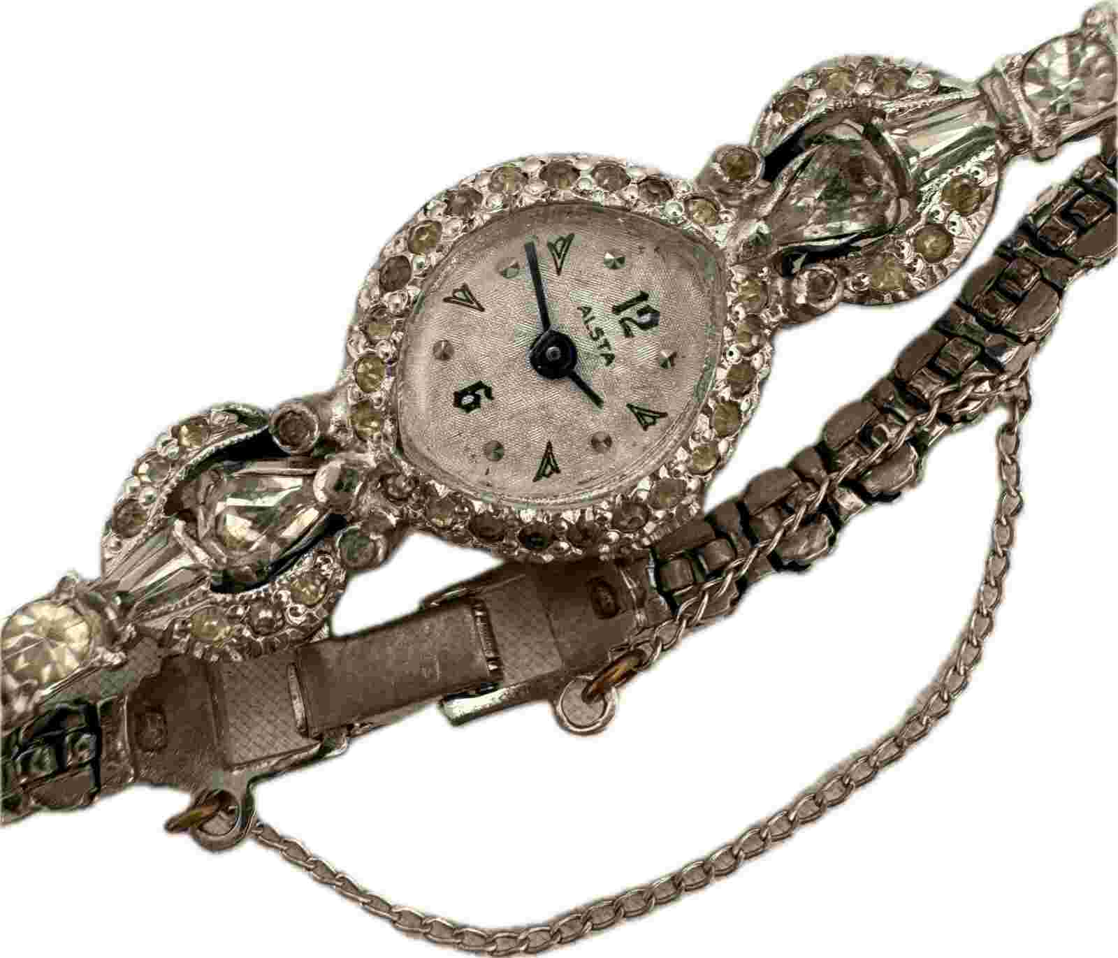 Vintage 15.2mm Alsta Ladies Mechanical Wristwatch w Rhinestones for Repair