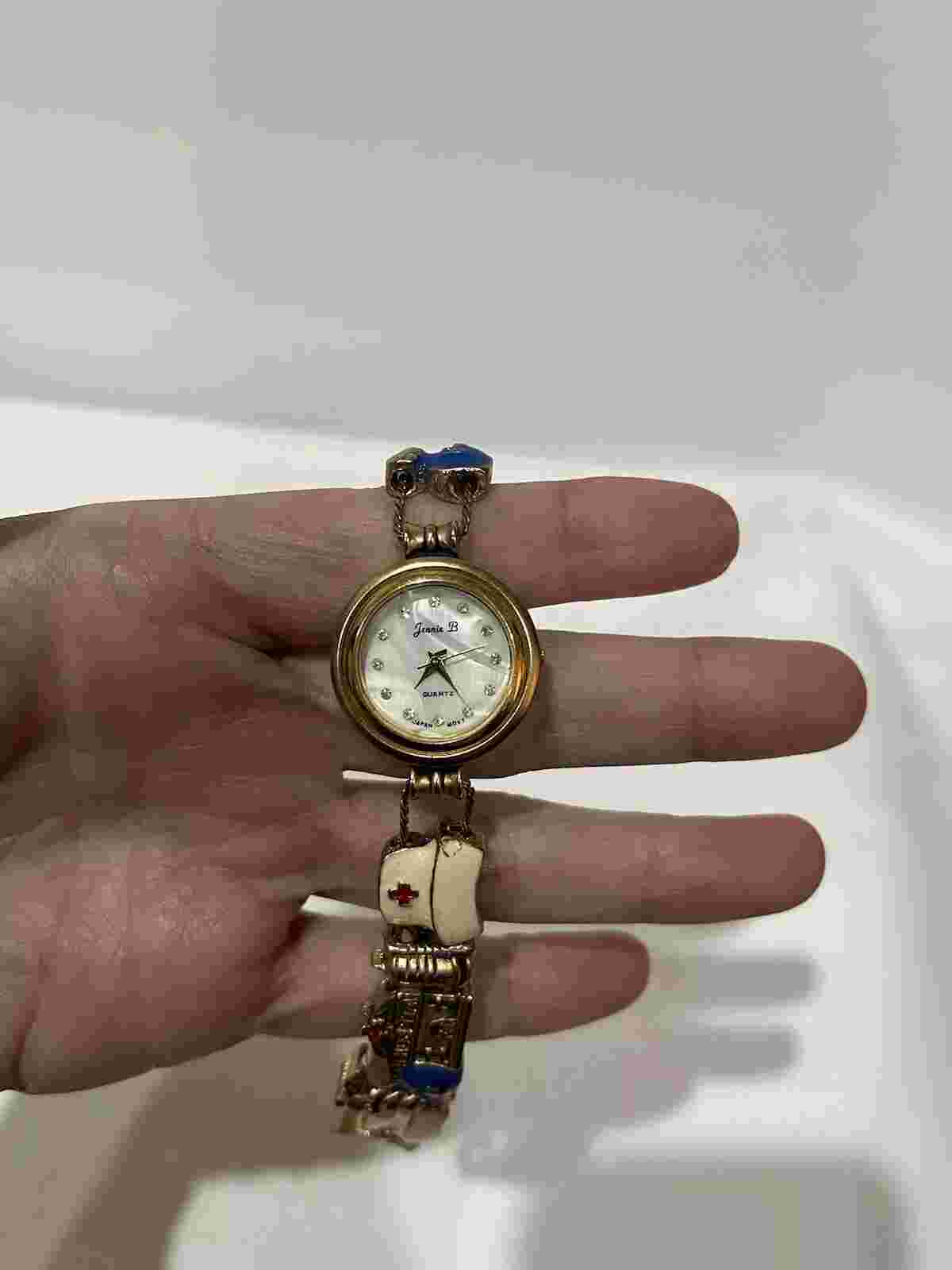 Vtg Jennie B Watch Women Gold Tone Nurse Slide Charm Bracelet